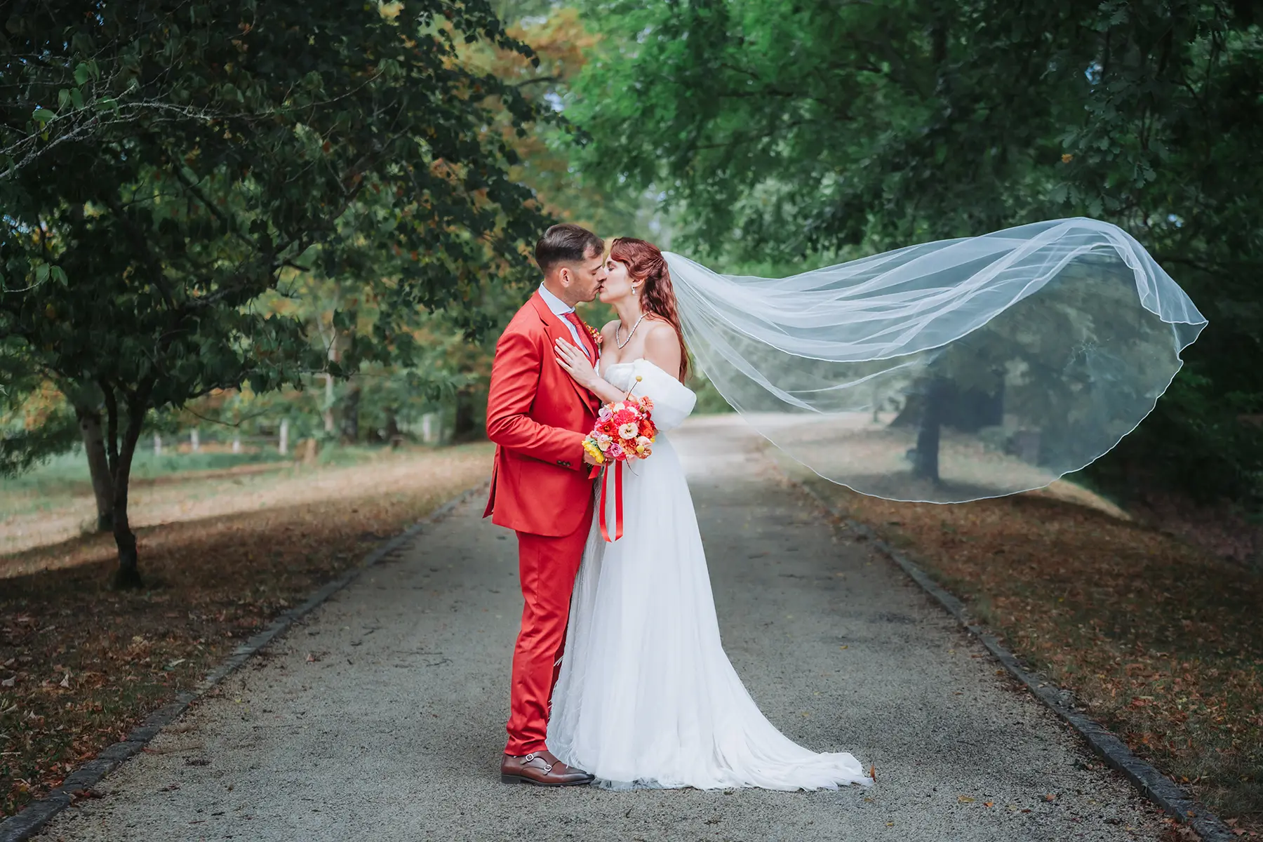 Aurélie & Jérémy 89 Baiser romantique des mariés dans une allée avec le voile de la mariée volant au vent