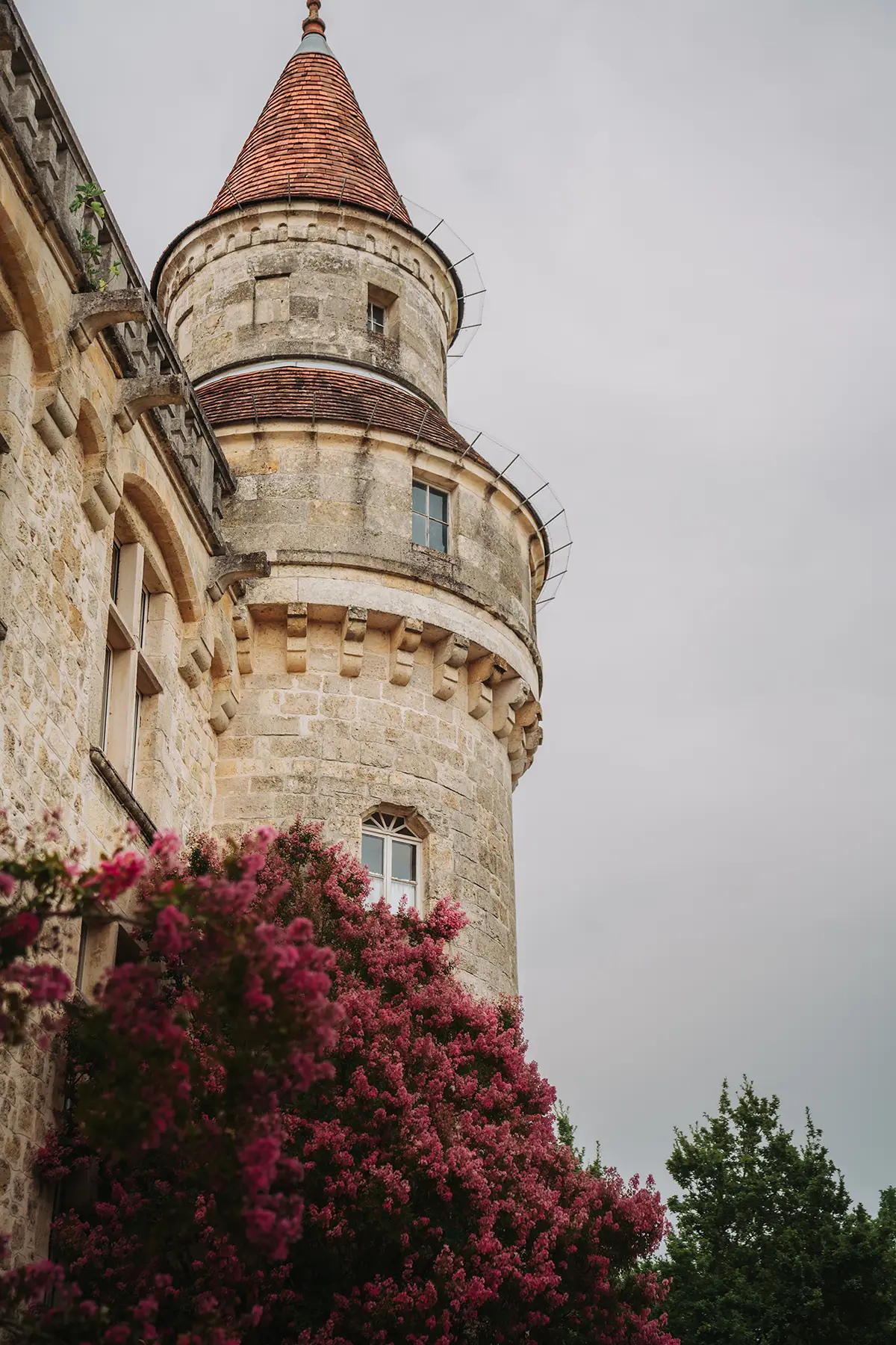 Aurélie & Jérémy 80 Tour ancienne en pierre du château de Grignols bordée par un grand arbre aux fleurs roses